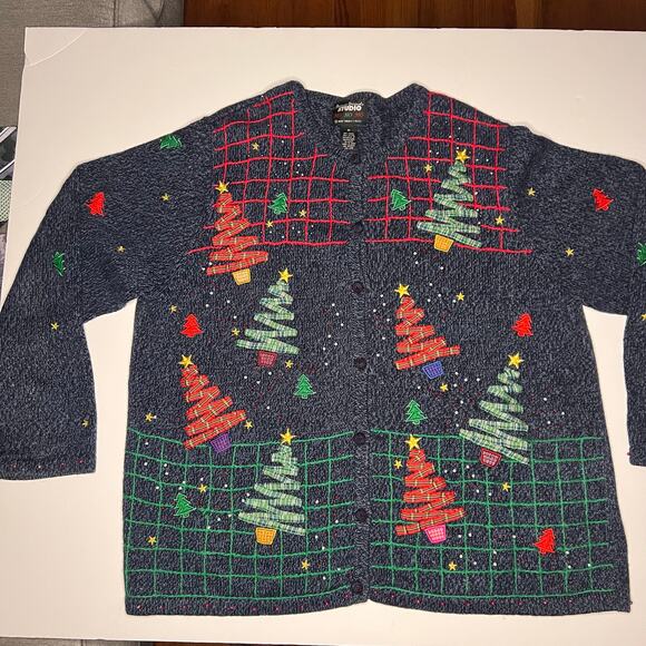 VTG
 Studio Originals Christmas Sweater Cardigan 2X Embroidered Trees Christmas - Picture 1 of 7